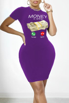 Purple Casual Street Print Patchwork O Neck One Step Skirt Dresses