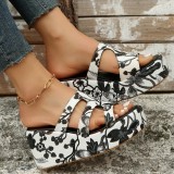 White Casual Daily Hollowed Out Patchwork Printing Round Comfortable Out Door Wedges Shoes (Heel Height 2.36in)