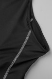 Black Sexy Solid Hollowed Out Turtleneck Short Sleeve Two Pieces