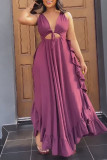 Pink Sexy Solid Bandage Hollowed Out Patchwork Flounce V Neck Straight Dresses