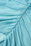 Blue Sexy Solid Patchwork See-through Strapless Irregular Dress Dresses