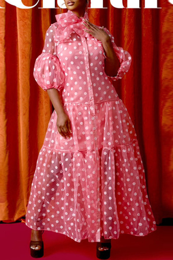 Pink Casual Print Polka Dot Patchwork Ribbon Collar Shirt Dress Dresses