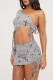 Grey Sexy Print Bandage Asymmetrical Oblique Collar Long Sleeve Two Pieces