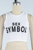 White Casual Letter Print Basic O Neck Tops