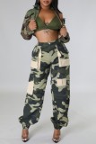 Green Casual Camouflage Print Patchwork Regular High Waist Conventional Full Print Trousers