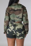 Green Casual Camouflage Print Patchwork Regular High Waist Conventional Full Print Shorts
