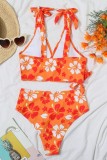 Rose Red Sexy Print Bandage Swimwears (With Paddings)