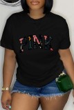 Red Casual Letter Print Basic O Neck T-Shirts