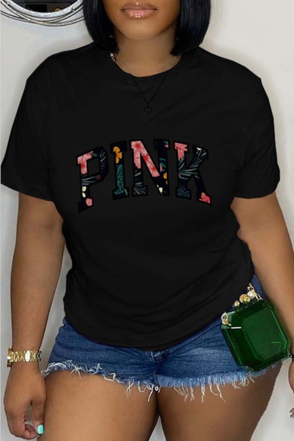 Black Casual Letter Print Basic O Neck T-Shirts