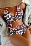 Rose Red Sexy Print Bandage Swimwears (With Paddings)