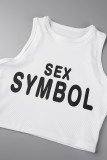 White Casual Letter Print Basic O Neck Tops