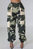 Green Casual Camouflage Print Patchwork Regular High Waist Conventional Full Print Trousers
