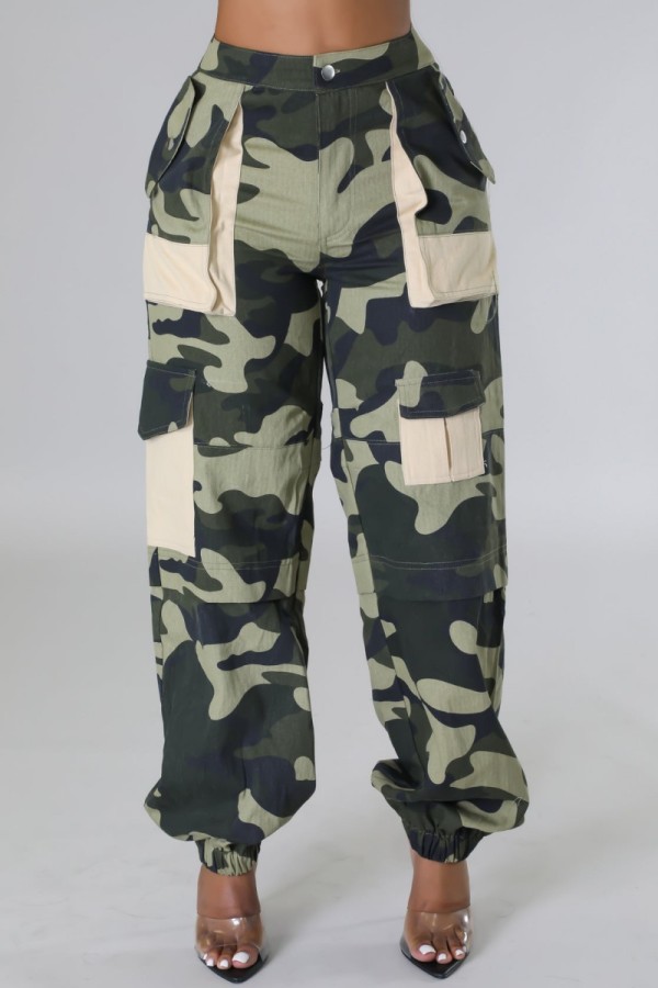 Green Casual Camouflage Print Patchwork Regular High Waist Conventional Full Print Trousers