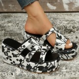 Black Casual Daily Hollowed Out Patchwork Printing Round Comfortable Out Door Wedges Shoes (Heel Height 2.36in)