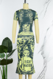 Dark Green Sexy Print Patchwork O Neck Straight Dresses