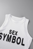 White Casual Letter Print Basic O Neck Tops