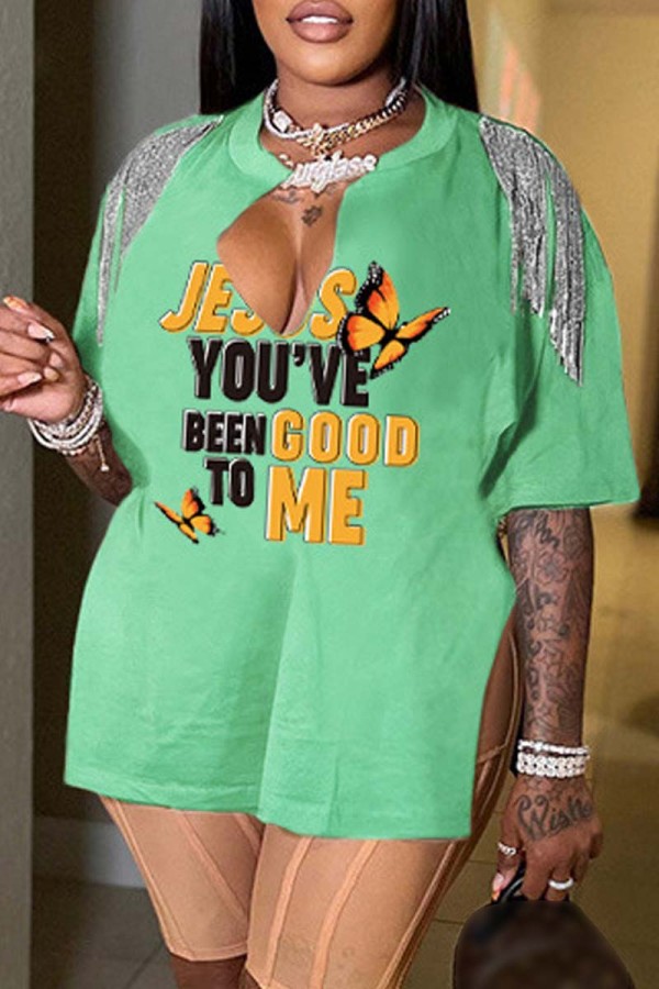 Green Casual Print Tassel Patchwork Slit V Neck T-Shirts