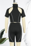 Black Sexy Solid Hollowed Out Turtleneck Short Sleeve Two Pieces