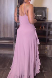Pink Sexy Solid Bandage Hollowed Out Patchwork Flounce V Neck Straight Dresses