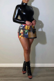 Colour Street Print Patchwork Skinny High Waist Pencil Full Print Bottoms