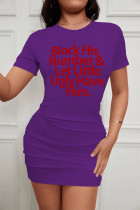 Purple Casual Print Patchwork O Neck One Step Skirt Dresses