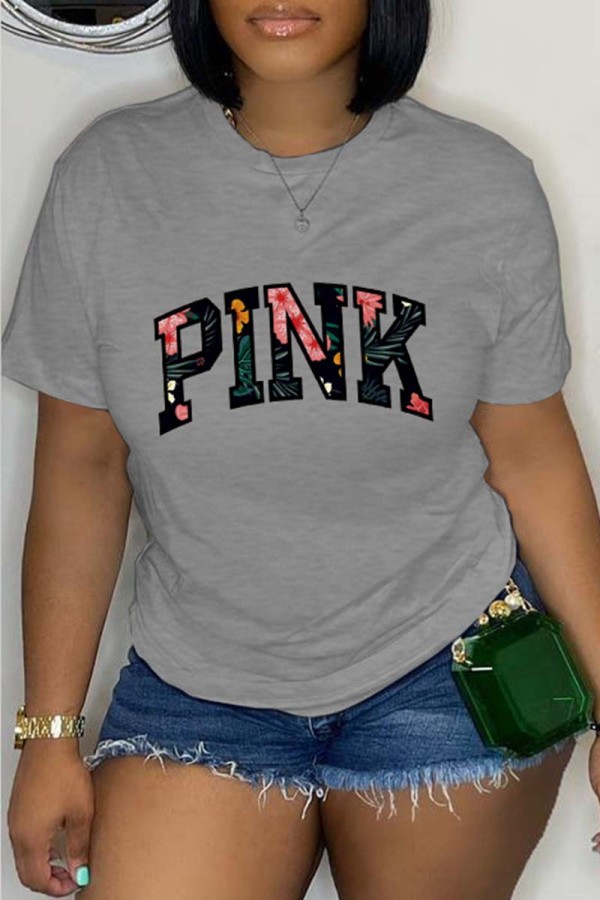 Grey Casual Letter Print Basic O Neck T-Shirts