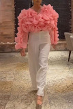 Red Elegant Solid Patchwork Appliques O Neck Tops