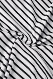 Black Casual Striped Print Draw String Slit O Neck Short Sleeve Dress