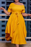 Yellow Casual Solid Bandage Patchwork Oblique Collar A Line Dresses