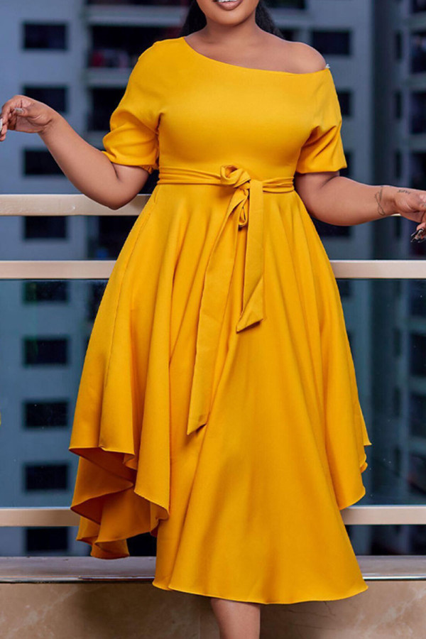 Yellow Casual Solid Bandage Patchwork Oblique Collar A Line Dresses