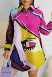 Colour Casual Street Print Patchwork Buckle Turndown Collar Tops