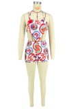 Red Sexy Print Bandage Backless Halter Sleeveless Two Pieces