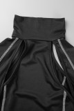 Black Sexy Solid Hollowed Out Turtleneck Short Sleeve Two Pieces