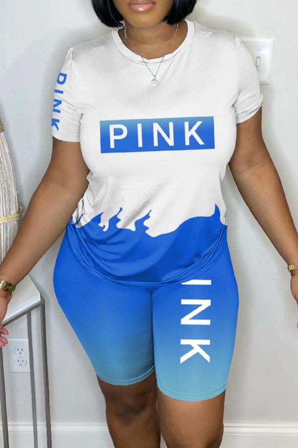 Sky Blue Casual Letter Print Basic O Neck Short Sleeve Two Pieces
