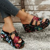 White Casual Daily Hollowed Out Patchwork Printing Round Comfortable Out Door Wedges Shoes (Heel Height 2.36in)