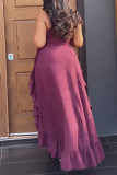 Pink Sexy Solid Bandage Hollowed Out Patchwork Flounce V Neck Straight Dresses