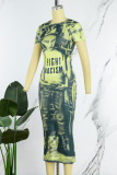 Dark Green Sexy Print Patchwork O Neck Straight Dresses