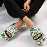 White Patchwork Printing Round Out Door Wedges Shoes (Heel Height 2.36in)