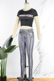 Black Casual Letter Print Patchwork O Neck Short Sleeve Two Pieces