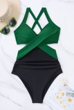 Green Sexy Solid Bandage Patchwork Backless Contrast Swimwears (With Paddings)