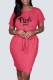 Deep Pink Casual Print Letter O Neck One Step Skirt Dresses