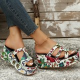 Red Casual Daily Hollowed Out Patchwork Printing Round Comfortable Out Door Wedges Shoes (Heel Height 2.36in)