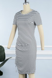 Black Casual Striped Print Draw String Slit O Neck Short Sleeve Dress