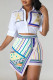 White Sexy Print Patchwork Buckle Asymmetrical Turndown Collar Short Sleeve Two Pieces