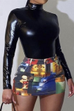 Colour Street Print Patchwork Skinny High Waist Pencil Full Print Bottoms
