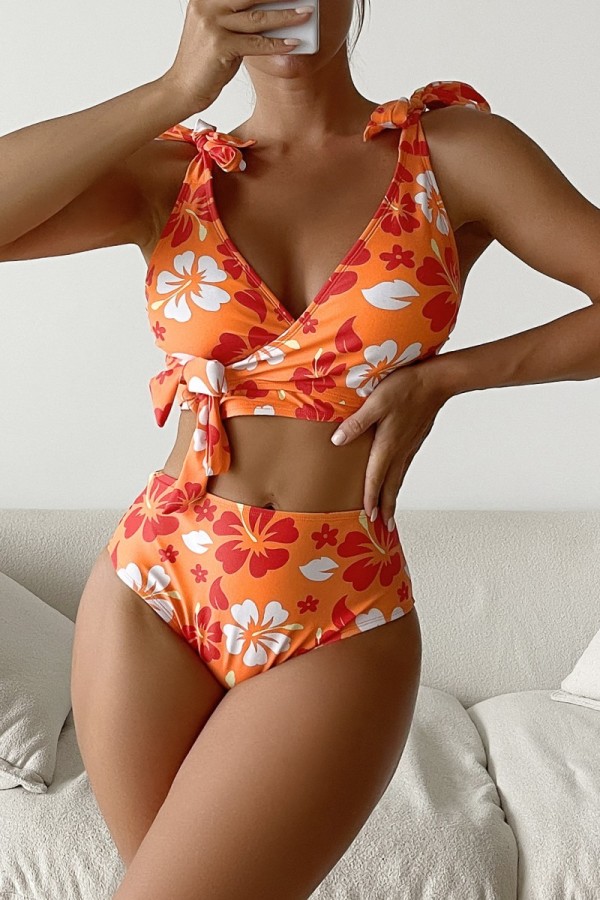 Orange Sexy Print Bandage Swimwears (With Paddings)