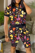 Multicolor Casual Print Patchwork Zipper Collar Short Sleeve Two Pieces