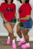 Red Casual Letter Print Basic O Neck T-Shirts