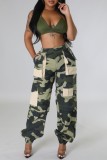 Green Casual Camouflage Print Patchwork Regular High Waist Conventional Full Print Trousers