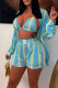 Cyan Casual Striped Print Patchwork Buckle Turndown Collar Long Sleeve Two Pieces